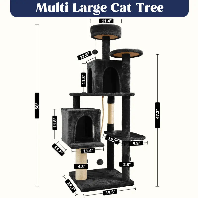Wecharmer 58-Inch Plush Sisal Cat Tree Tower - Vertical Scratcher with High Platform, Condos, and Hanging Toy - Stylish Indoor Furniture for Medium and Small Cats up to 27.5 lbs