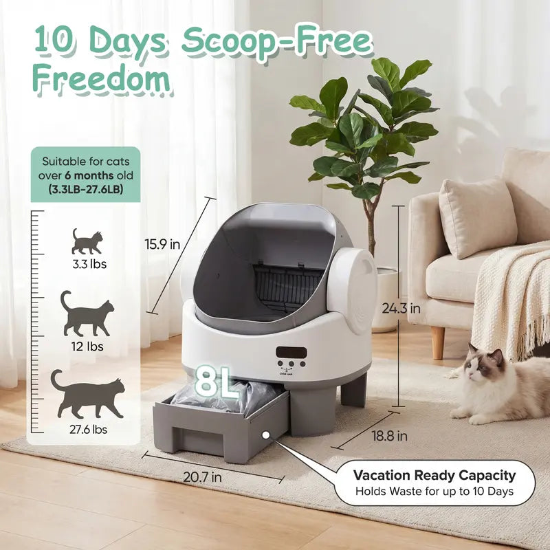 Next-Generation Automatic Self-Cleaning Cat Litter Box with Safety Sensors, 360° Protection, 8L Capacity, Supports Up to 24 lbs, User-Friendly Design for Seniors, Enhanced Odor Control, 10-Day Waste Drawer