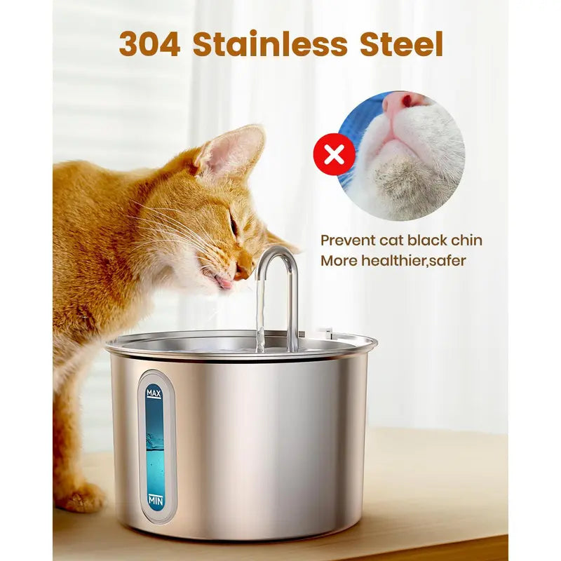 Oneisall 2L Cat Water Fountain with LED Visual Water Level and 3 Replacement Filters, 304 Stainless Steel Automatic Dispenser