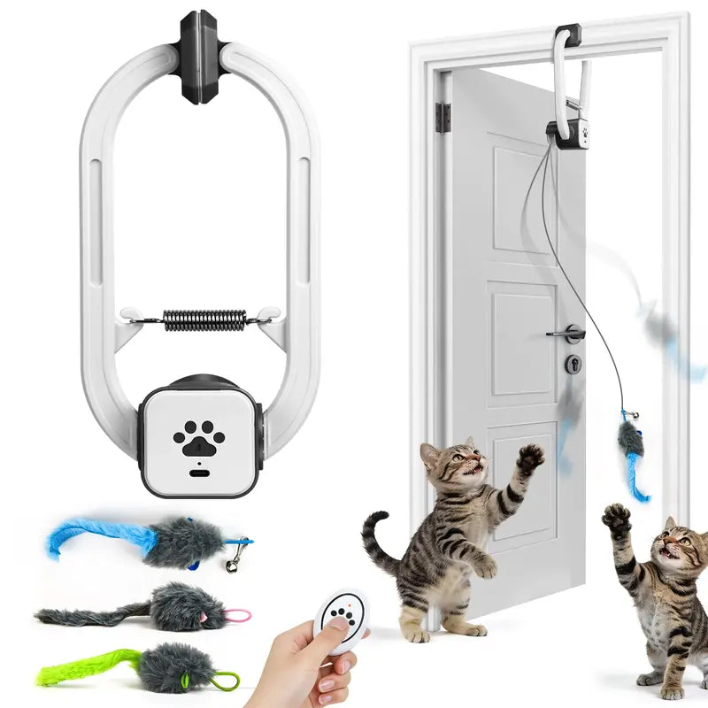 Remote-Controlled Electric Cat Teaser Toy Kit with Rechargeable Shelf-Edge Clip, Adjustable Cord Lengths, Dual Play Modes, and Three Plush Toys for Enhanced Feline Engagement and Stress Relief