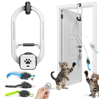 Remote-Controlled Electric Cat Teaser Toy Kit with Rechargeable Shelf-Edge Clip, Adjustable Cord Lengths, Dual Play Modes, and Three Plush Toys for Enhanced Feline Engagement and Stress Relief