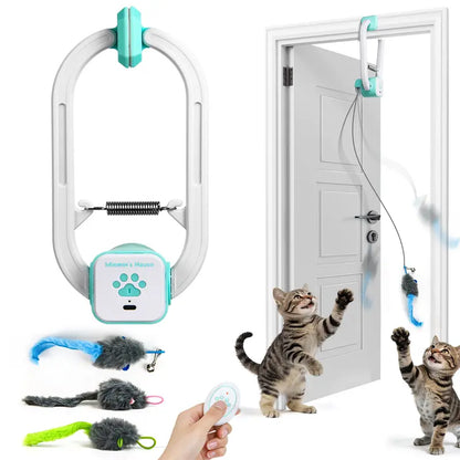 Remote-Controlled Electric Cat Teaser Toy Kit with Rechargeable Shelf-Edge Clip, Adjustable Cord Lengths, Dual Play Modes, and Three Plush Toys for Enhanced Feline Engagement and Stress Relief