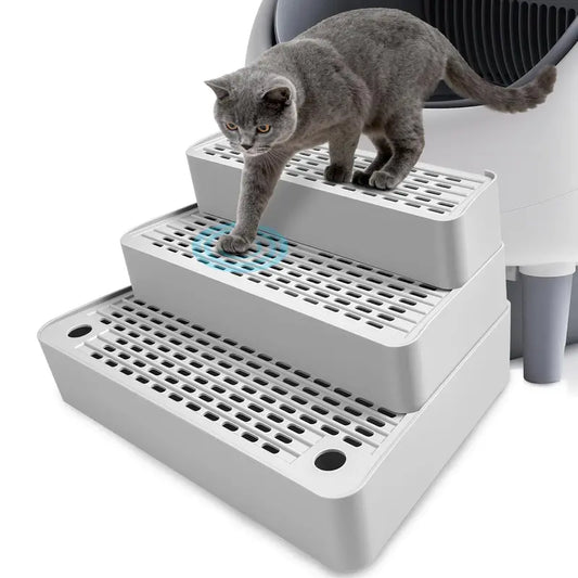 Adjustable Three-Step Cat Litter Box Ramp with Filter Function, Non-Slip Design, Easy to Clean, Ideal for Small and Senior Cats (Light Grey)