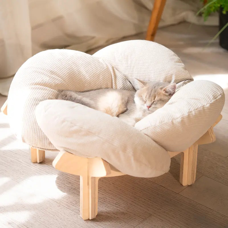 Elevated Wooden Cat Bed with Cushion - Fluffy Pet Couch for Indoor Cats and Dogs, Raised Lounge Chair for Puppies and Cats (Large)