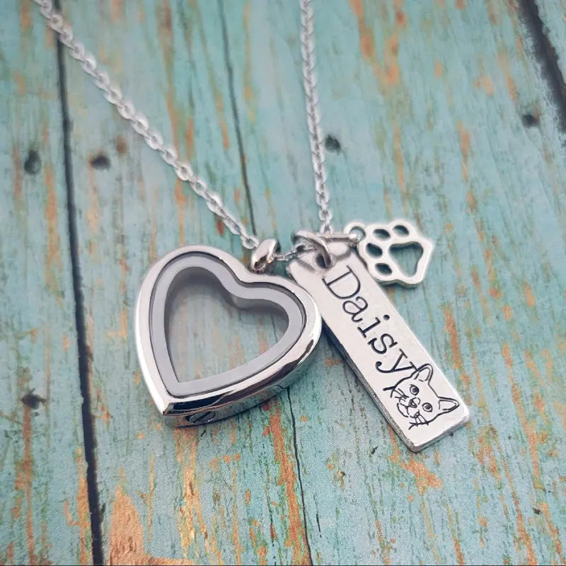 Custom Cat Cremation Necklace Heart Locket for Ashes - Memorial Jewelry for Cat Owners