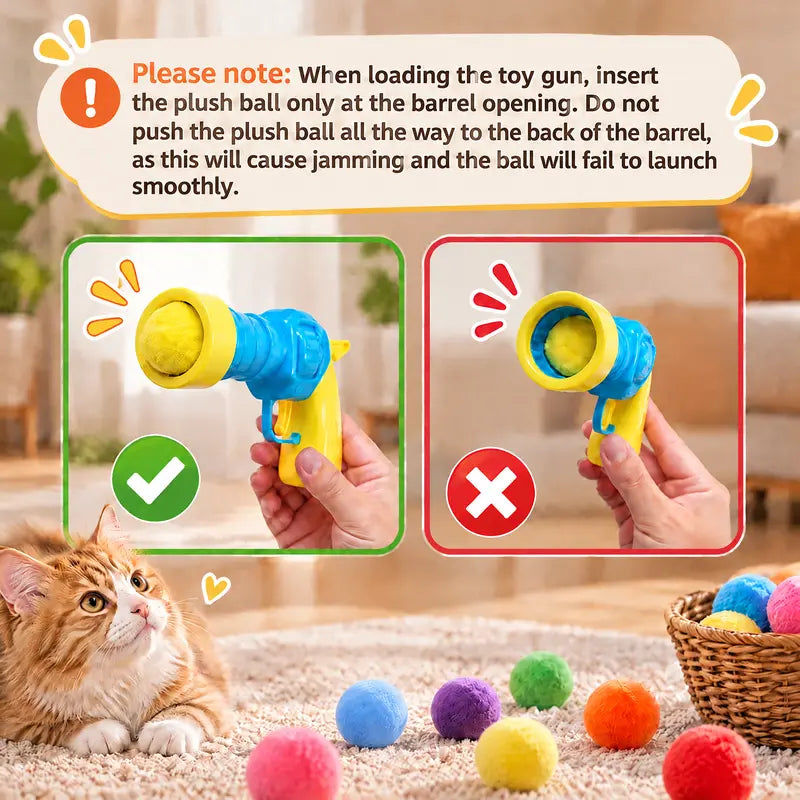 Cat Ball Launcher Fetch Toy - Battery-Free Plush Ball Shooter with One-Button Operation, Includes 1 Launcher and 30 Soft Pom-Poms, Indoor Entertainment for Kittens, Perfect Gift for Cat Lovers