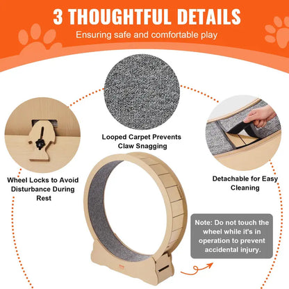 VEVOR 52" Solid Wooden Cat Exercise Wheel - Large Treadmill with Detachable Carpet, Teaser, Stable Base, Noise Reduction, Includes Gloves & Screwdriver, Ideal for Indoor Feline Training, Supports Up to 30 Lbs, Non-Scratch Mat