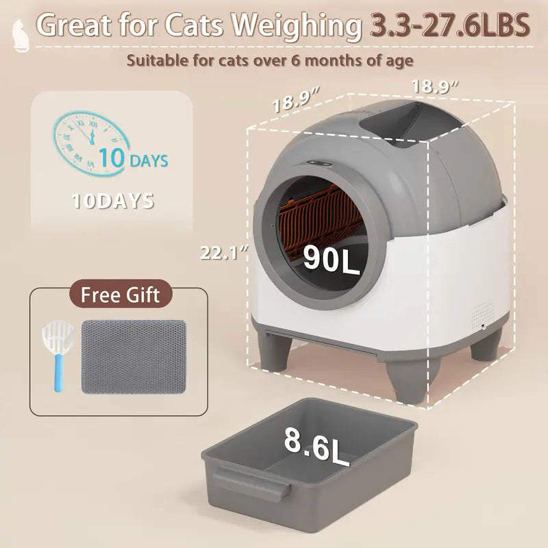 Warcat Smart Low-Noise Self-Cleaning Litter Box 90L with App Control, Smart Sensors, and Safety Features for Easy Maintenance and Setup