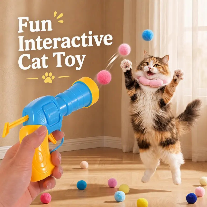 Cat Ball Launcher Fetch Toy - Battery-Free Plush Ball Shooter with One-Button Operation, Includes 1 Launcher and 30 Soft Pom-Poms, Indoor Entertainment for Kittens, Perfect Gift for Cat Lovers