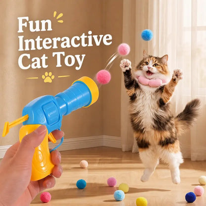 Cat Ball Launcher Fetch Toy - Battery-Free Plush Ball Shooter with One-Button Operation, Includes 1 Launcher and 30 Soft Pom-Poms, Indoor Entertainment for Kittens, Perfect Gift for Cat Lovers