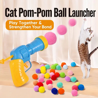Cat Ball Launcher Fetch Toy - Battery-Free Plush Ball Shooter with One-Button Operation, Includes 1 Launcher and 30 Soft Pom-Poms, Indoor Entertainment for Kittens, Perfect Gift for Cat Lovers