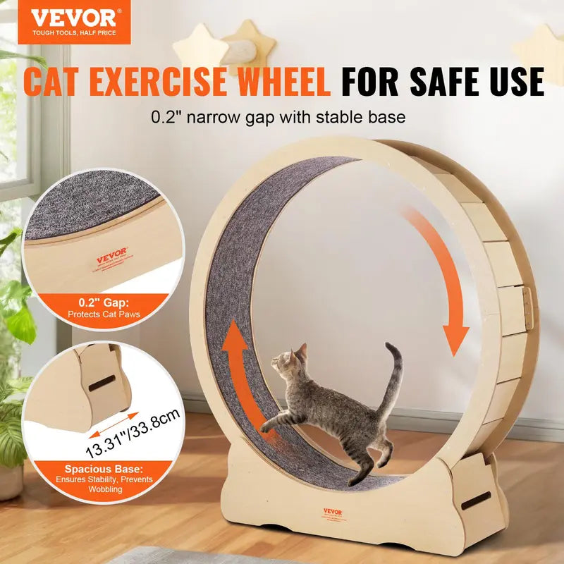 VEVOR 52" Solid Wooden Cat Exercise Wheel - Large Treadmill with Detachable Carpet, Teaser, Stable Base, Noise Reduction, Includes Gloves & Screwdriver, Ideal for Indoor Feline Training, Supports Up to 30 Lbs, Non-Scratch Mat