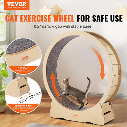 VEVOR 52" Solid Wooden Cat Exercise Wheel - Large Treadmill with Detachable Carpet, Teaser, Stable Base, Noise Reduction, Includes Gloves & Screwdriver, Ideal for Indoor Feline Training, Supports Up to 30 Lbs, Non-Scratch Mat