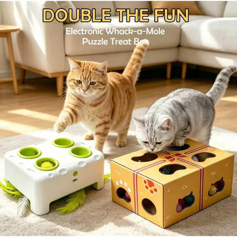 HAPPYCODE 3-in-1 Interactive Cat Toy - Automatic Electric Indoor Playhouse with Rechargeable Battery, Smart Whack-A-Mole Feature, Rotating Feather Wand, Auto Pause Cycles, Intelligent Motion Patterns, and 4 Attachments for Enhanced Boredom Relief