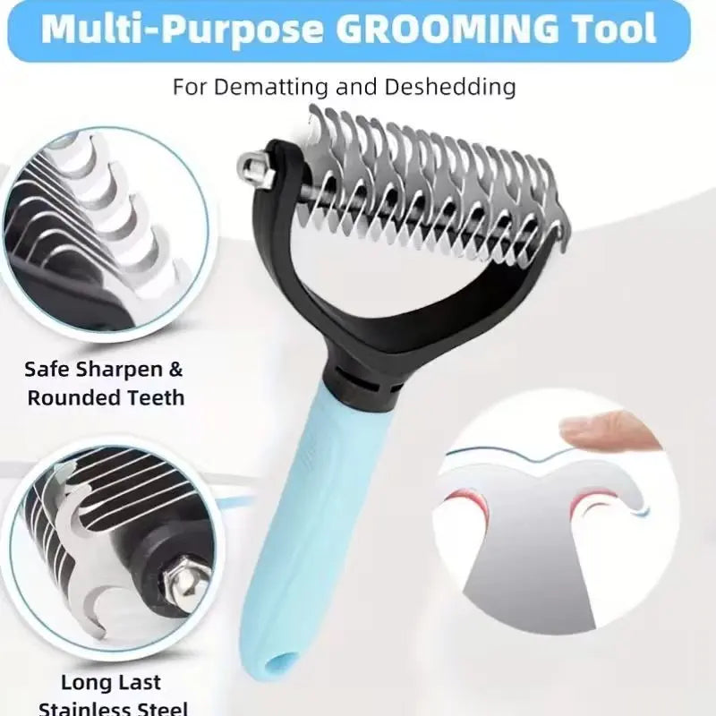 Professional Pet Dematting Rake for Dogs and Cats - Ergonomic Non-Slip Handle with Double-Sided Stainless Steel Blades for Efficient Grooming and Maintenance