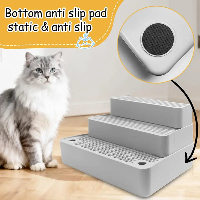 Adjustable Three-Step Cat Litter Box Ramp with Filter Function, Non-Slip Design, Easy to Clean, Ideal for Small and Senior Cats (Light Grey)