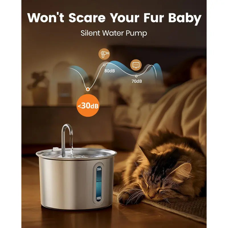 Oneisall 2L Cat Water Fountain with LED Visual Water Level and 3 Replacement Filters, 304 Stainless Steel Automatic Dispenser