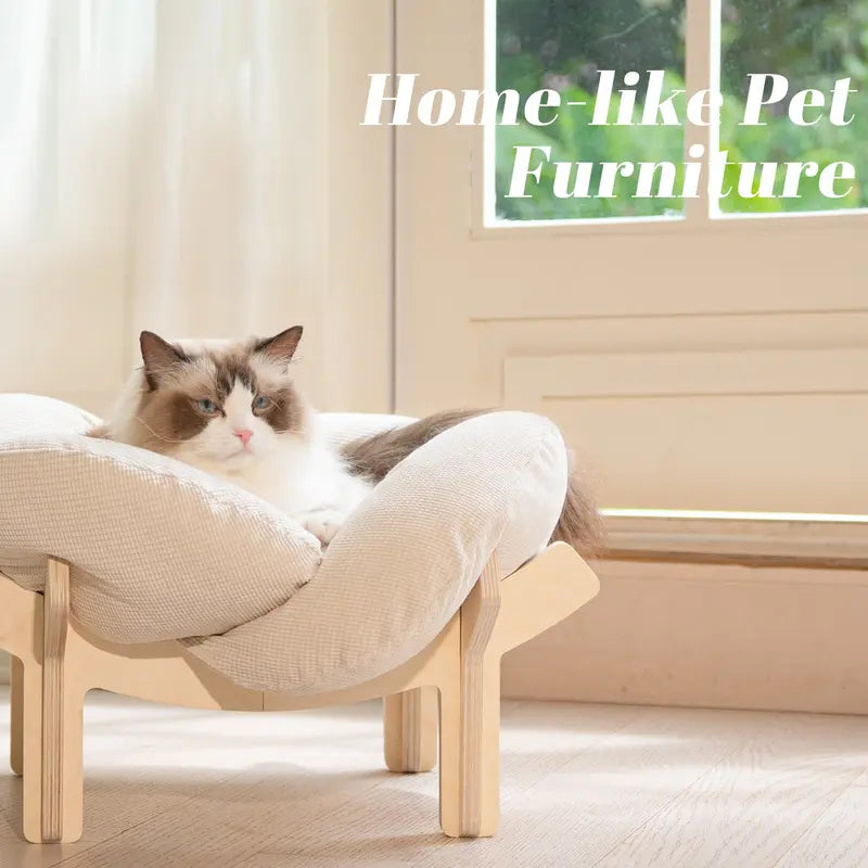 Elevated Wooden Cat Bed with Cushion - Fluffy Pet Couch for Indoor Cats and Dogs, Raised Lounge Chair for Puppies and Cats (Large)