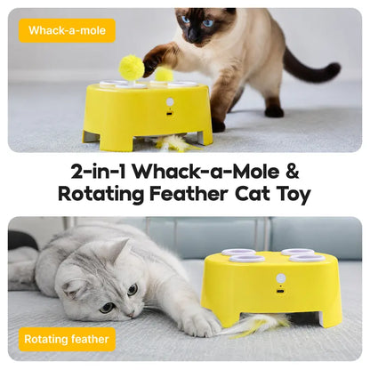 Potaroma USB Rechargeable Interactive Whack-A-Mole Cat Toy with Automatic Rotating Feather and Three Play Modes for Indoor Cat Engagement