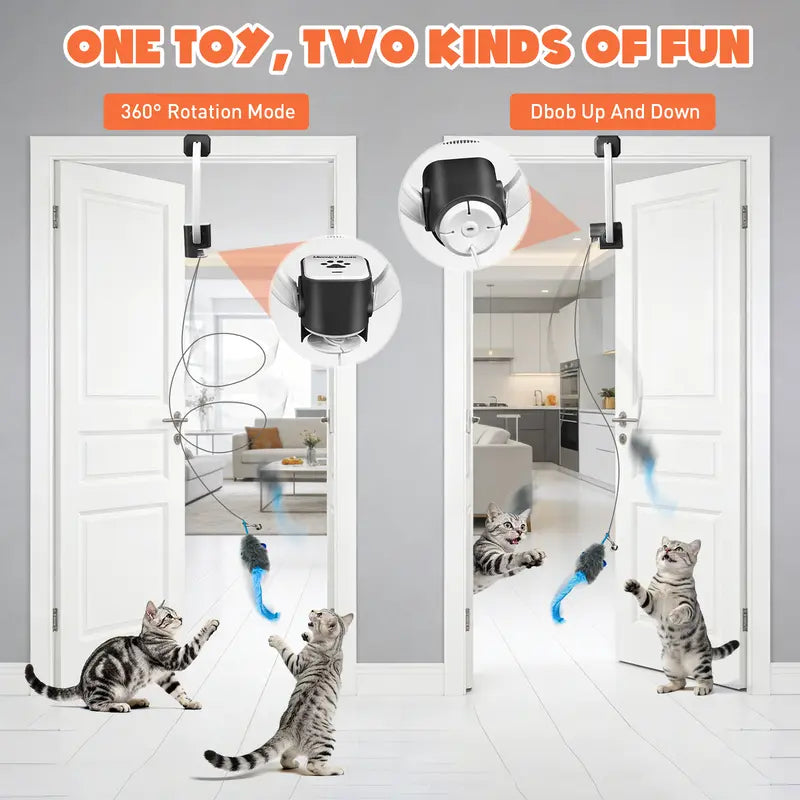 Remote-Controlled Electric Cat Teaser Toy Kit with Rechargeable Shelf-Edge Clip, Adjustable Cord Lengths, Dual Play Modes, and Three Plush Toys for Enhanced Feline Engagement and Stress Relief