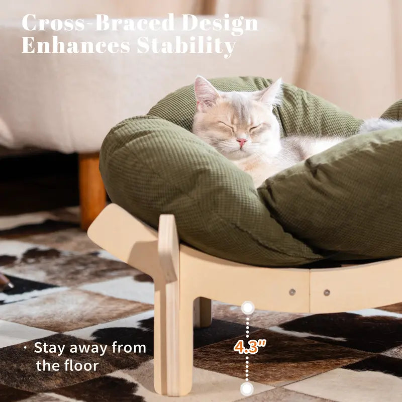 Elevated Wooden Cat Bed with Cushion - Fluffy Pet Couch for Indoor Cats and Dogs, Raised Lounge Chair for Puppies and Cats (Large)