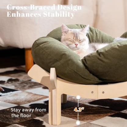 Elevated Wooden Cat Bed with Cushion - Fluffy Pet Couch for Indoor Cats and Dogs, Raised Lounge Chair for Puppies and Cats (Large)