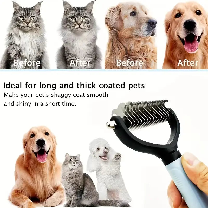 Professional Pet Dematting Rake for Dogs and Cats - Ergonomic Non-Slip Handle with Double-Sided Stainless Steel Blades for Efficient Grooming and Maintenance
