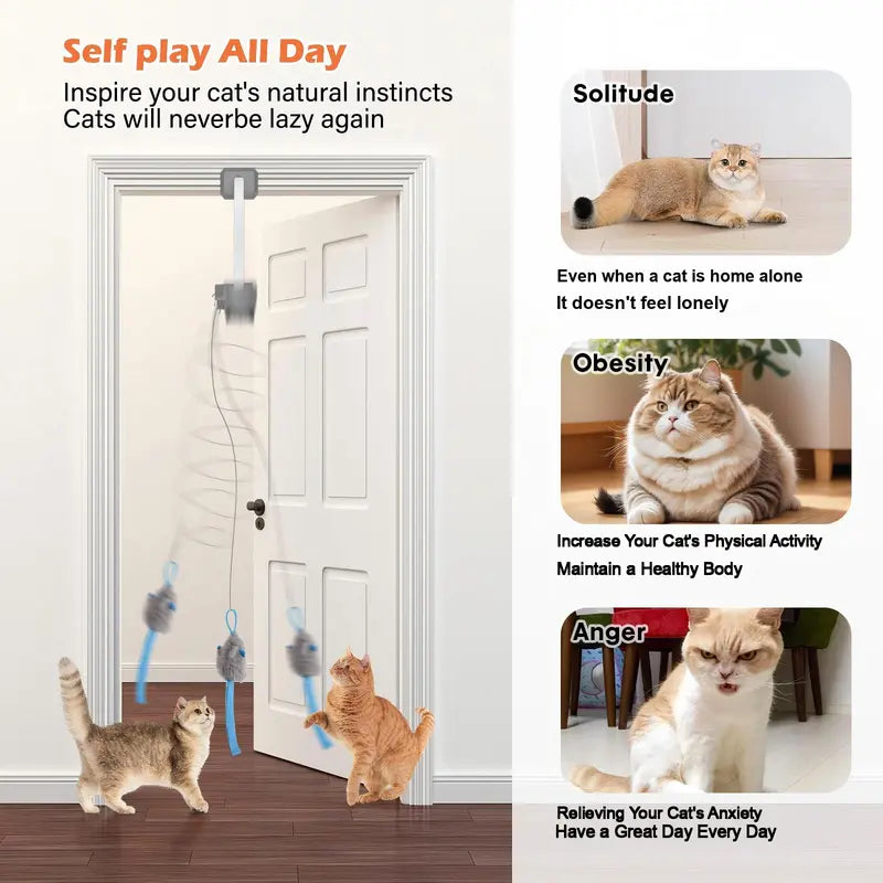 HAPPYCODE Rechargeable Electric Cat Interactive Toy - Dual Mode Upgrade (Blue), Adjustable Length String, Durable & Safe, Flexible Mounting for Indoor Use, Stress Relief Accessory