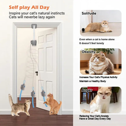 HAPPYCODE Rechargeable Electric Cat Interactive Toy - Dual Mode Upgrade (Blue), Adjustable Length String, Durable & Safe, Flexible Mounting for Indoor Use, Stress Relief Accessory