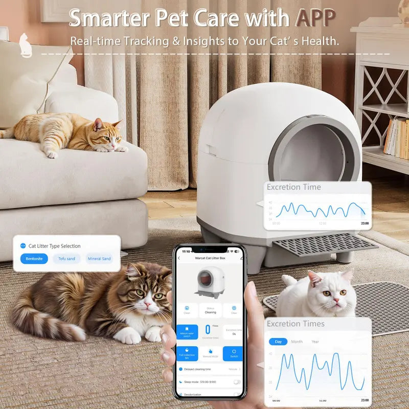 Warcat Smart Low-Noise Self-Cleaning Litter Box 90L with App Control, Smart Sensors, and Safety Features for Easy Maintenance and Setup