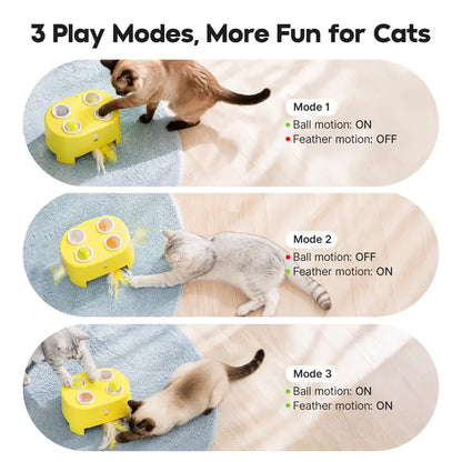 Potaroma USB Rechargeable Interactive Whack-A-Mole Cat Toy with Automatic Rotating Feather and Three Play Modes for Indoor Cat Engagement