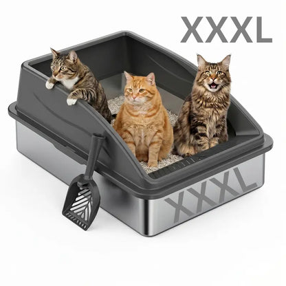 AIPERRO XL & XXXL High-Sided Stainless Steel Cat Litter Box with Anti-Leak Design, Easy-Clean Scoop for Multi-Cat Homes, Non-Stick and Odor-Absorbing