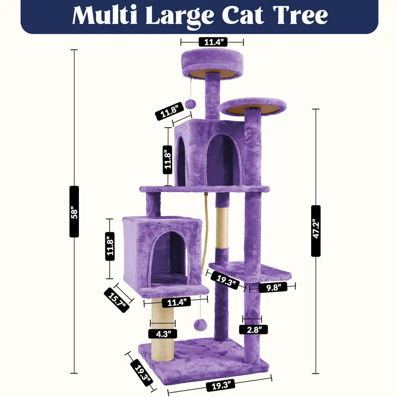 Wecharmer 58-Inch Plush Sisal Cat Tree Tower - Vertical Scratcher with High Platform, Condos, and Hanging Toy - Stylish Indoor Furniture for Medium and Small Cats up to 27.5 lbs
