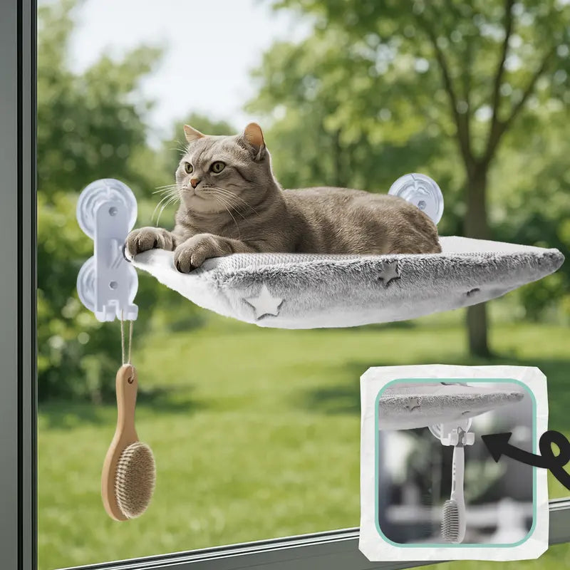 Star Geometric Folding Window Hammock for Cats - Glow-in-the-Dark, Cordless, Machine Washable, Sturdy Metal Frame with Strong Suction Cups, 23.3"L x 11.4"W x 7.1"H, 44 lb Capacity Modern Perch for Small Dogs