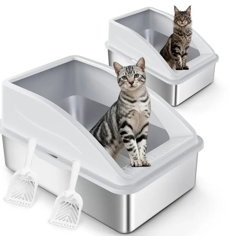 AIPERRO XL & XXXL High-Sided Stainless Steel Cat Litter Box with Anti-Leak Design, Easy-Clean Scoop for Multi-Cat Homes, Non-Stick and Odor-Absorbing