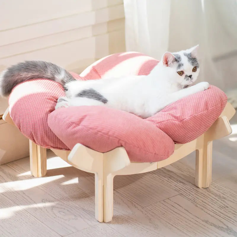 Elevated Wooden Cat Bed with Cushion - Fluffy Pet Couch for Indoor Cats and Dogs, Raised Lounge Chair for Puppies and Cats (Large)