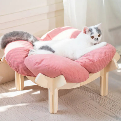 Elevated Wooden Cat Bed with Cushion - Fluffy Pet Couch for Indoor Cats and Dogs, Raised Lounge Chair for Puppies and Cats (Large)