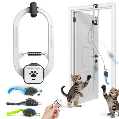 Remote-Controlled Electric Cat Teaser Toy Kit with Rechargeable Shelf-Edge Clip, Adjustable Cord Lengths, Dual Play Modes, and Three Plush Toys for Enhanced Feline Engagement and Stress Relief