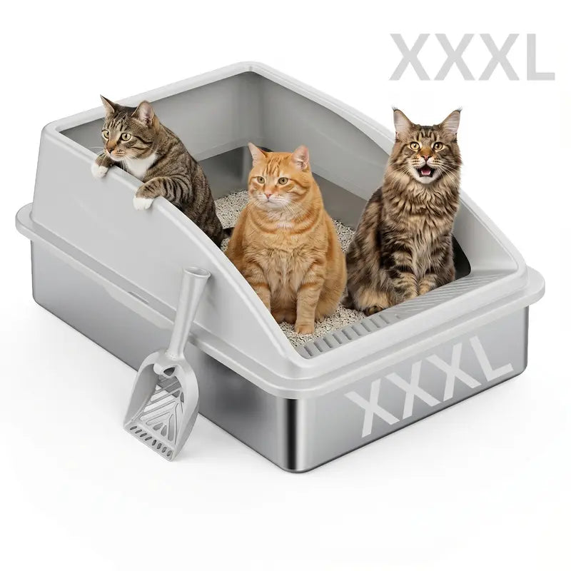 AIPERRO XL & XXXL High-Sided Stainless Steel Cat Litter Box with Anti-Leak Design, Easy-Clean Scoop for Multi-Cat Homes, Non-Stick and Odor-Absorbing