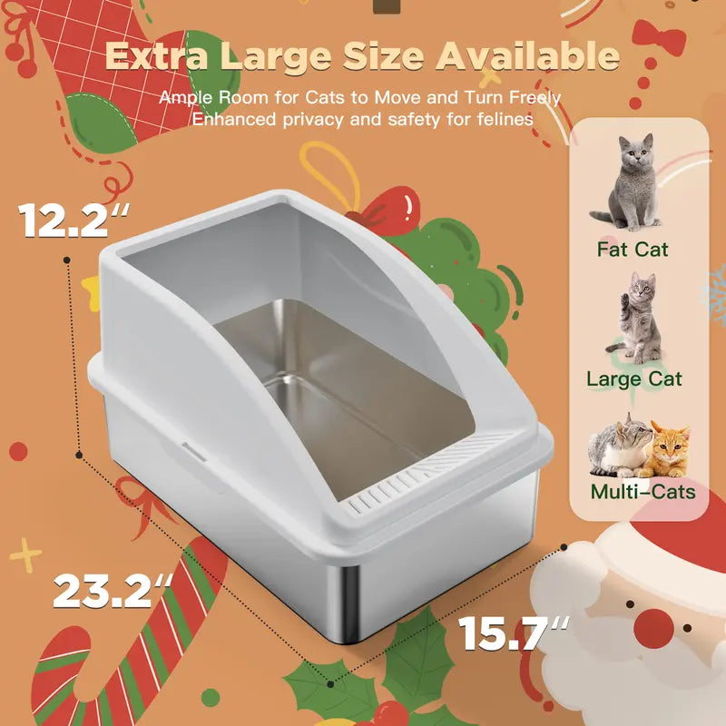AIPERRO XL & XXXL High-Sided Stainless Steel Cat Litter Box with Anti-Leak Design, Easy-Clean Scoop for Multi-Cat Homes, Non-Stick and Odor-Absorbing