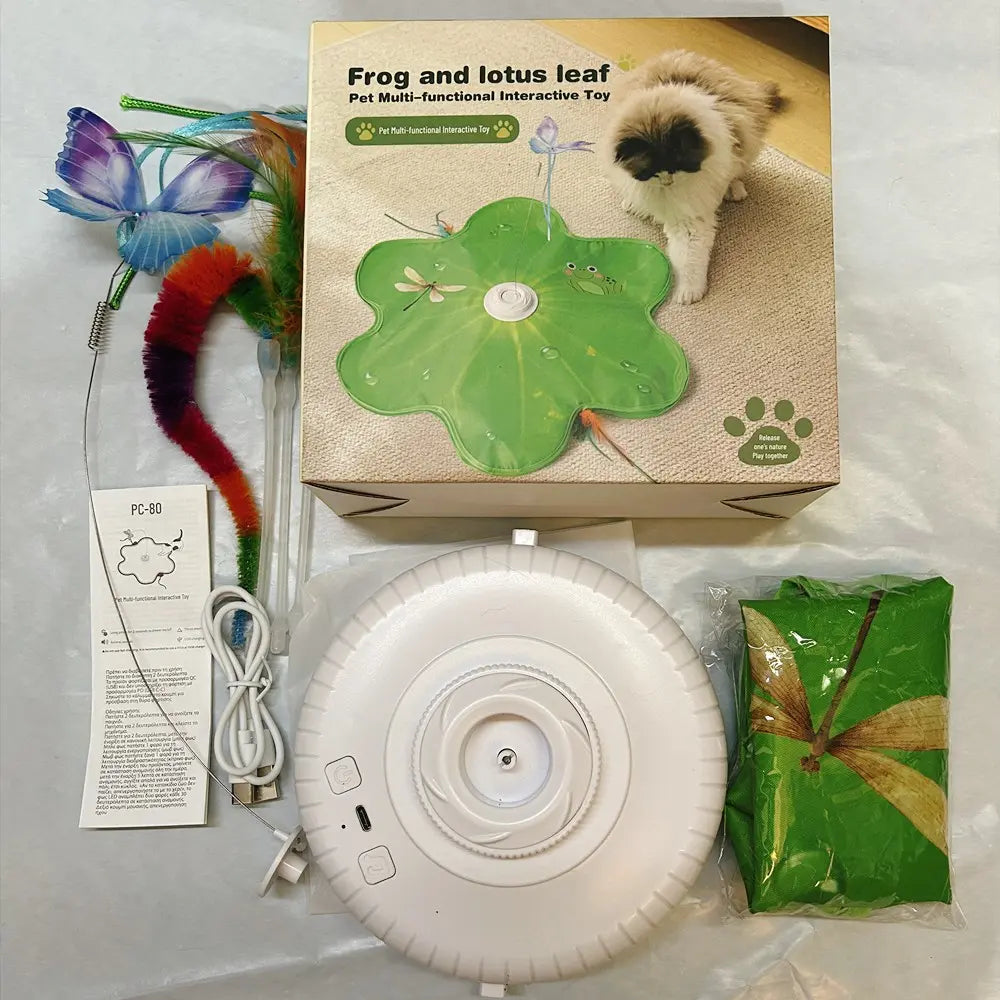 Automatic Electric Cat Toy Disk with Interactive Feather and Butterfly Attachments, Multi-Functional Sound Stimulation for Self-Play