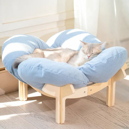 Elevated Wooden Cat Bed with Cushion - Fluffy Pet Couch for Indoor Cats and Dogs, Raised Lounge Chair for Puppies and Cats (Large)