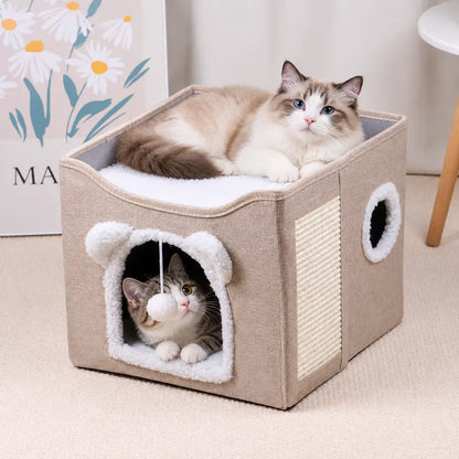 Foldable Polyester-Cotton Contemporary Cat House - 30 lbs Capacity, Large Opening, Round Windows, Plush Hanging Balls, Double-Sided Cushions, Machine Washable, Suitable for All Seasons Indoors