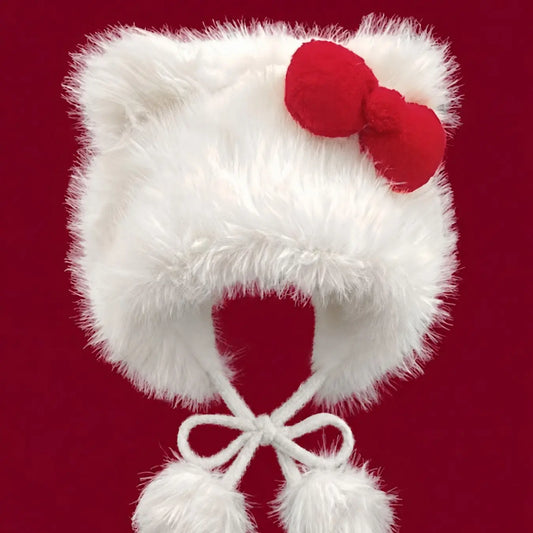 Cat Ear Pom Pom Plush Beanie Hat with Bowknot Design, Insulated Fashion Headwear for Fall & Winter, Stylish Accessories for Women