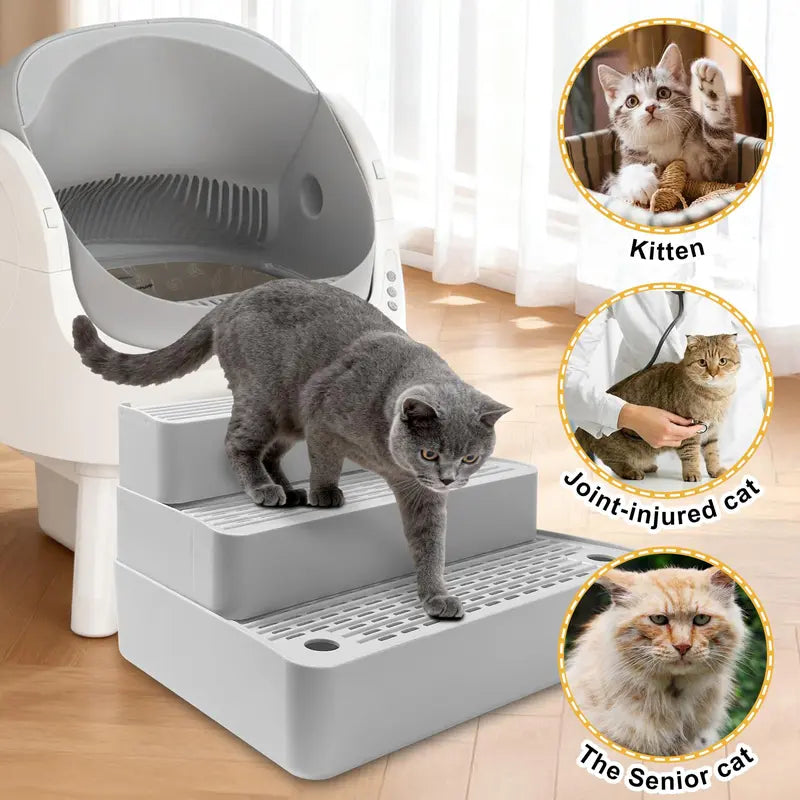 Adjustable Three-Step Cat Litter Box Ramp with Filter Function, Non-Slip Design, Easy to Clean, Ideal for Small and Senior Cats (Light Grey)