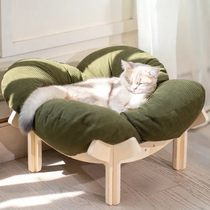 Elevated Wooden Cat Bed with Cushion - Fluffy Pet Couch for Indoor Cats and Dogs, Raised Lounge Chair for Puppies and Cats (Large)