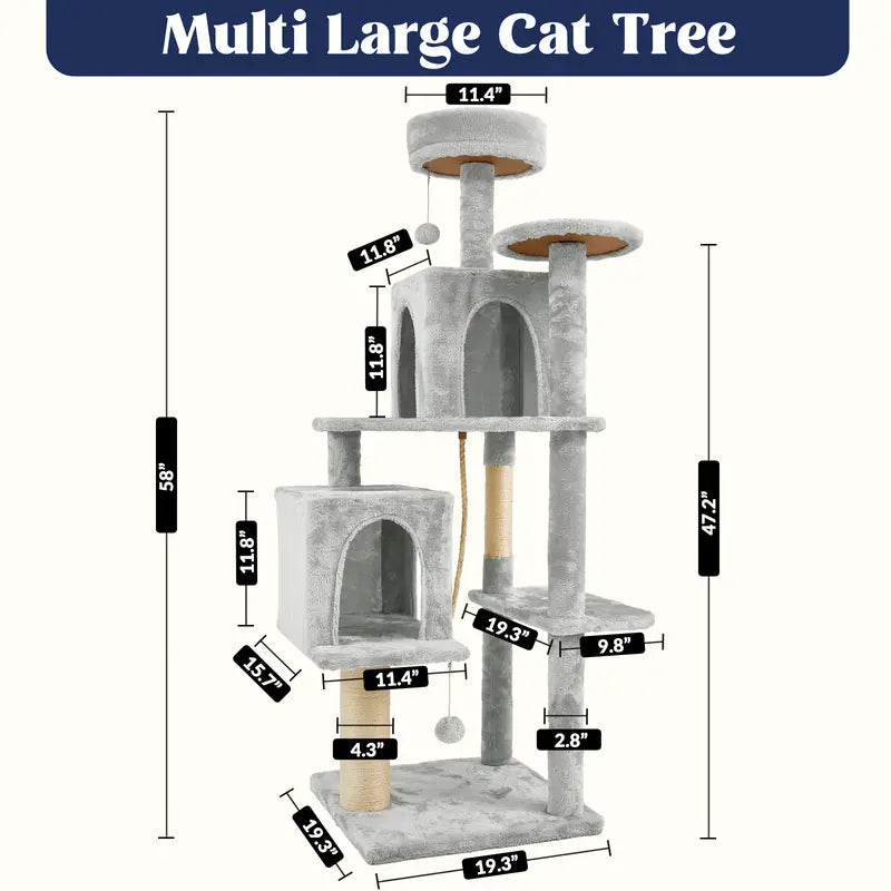 Wecharmer 58-Inch Plush Sisal Cat Tree Tower - Vertical Scratcher with High Platform, Condos, and Hanging Toy - Stylish Indoor Furniture for Medium and Small Cats up to 27.5 lbs