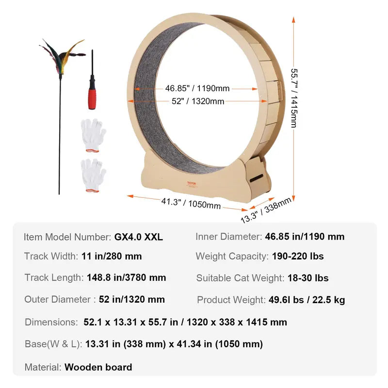 VEVOR 52" Solid Wooden Cat Exercise Wheel - Large Treadmill with Detachable Carpet, Teaser, Stable Base, Noise Reduction, Includes Gloves & Screwdriver, Ideal for Indoor Feline Training, Supports Up to 30 Lbs, Non-Scratch Mat