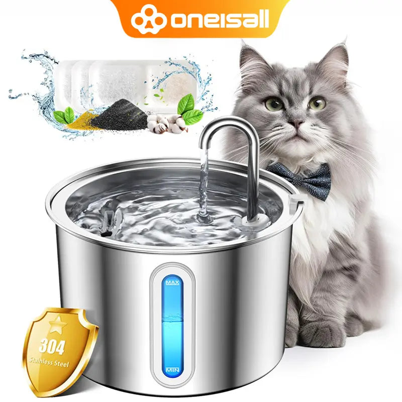 Oneisall 2L Cat Water Fountain with LED Visual Water Level and 3 Replacement Filters, 304 Stainless Steel Automatic Dispenser
