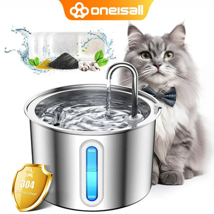Oneisall 2L Cat Water Fountain with LED Visual Water Level and 3 Replacement Filters, 304 Stainless Steel Automatic Dispenser
